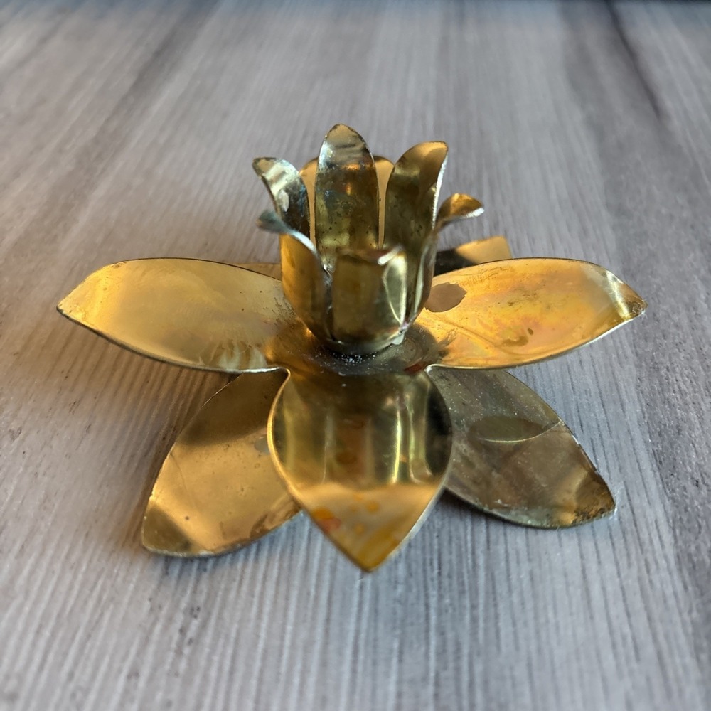 Gold Tone Lotus Brass Flower Taper Candle Holder Yoga Meditation 3.5"